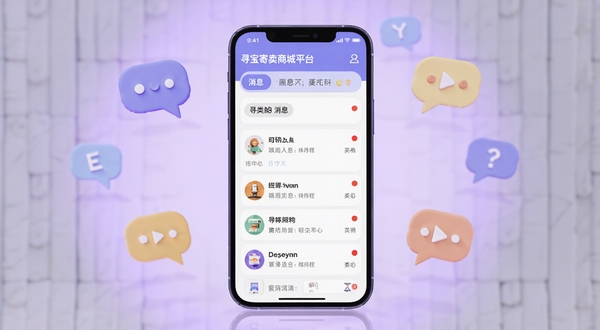 寻宝寄卖商城平台消息中心界面,画面中央为手机屏幕正面,屏幕内显示分类消息列表与红点提醒,背景区域为浅紫色柔和光晕,周围漂浮对话气泡图标,整体氛围轻松