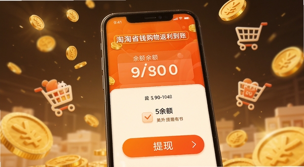 淘淘省钱购物返利到账页面,手机屏幕展示余额数字和提现按钮,背景有金币飘落和购物车图标,暖色调,细节清晰