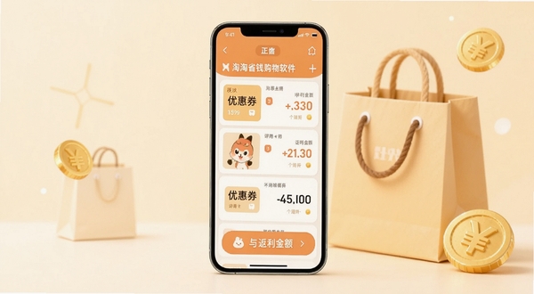 淘淘省钱购物软件主界面展示,手机屏幕居中显示优惠券列表与返利金额,背景为浅暖色调的购物袋与金币元素,整体风格清爽简约,适配Boogu模型生成