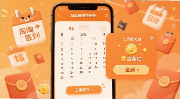 淘淘省钱购物签到任务页面,手机屏幕显示签到日历和金币奖励弹窗,背景有日历图标和红包元素,暖橙色系,氛围轻松