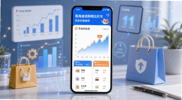 淘淘省钱购物比价与历史价格曲线界面,手机屏幕显示价格折线图和平台对比列表,背景有数据图表和购物袋元素,科技感与生活感结合