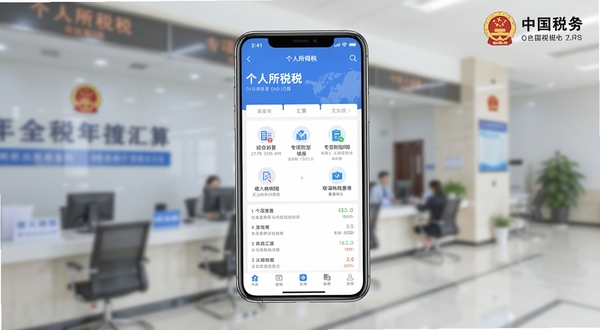 个人所得税官方应用主界面全貌展示,画面中央为手机屏幕正视图,屏幕内呈现个人所得税APP蓝色主题首页,包含综合所得年度汇算、专项附加扣除填报、收入纳税明细查询等核心功能图标整齐排列,背景为浅灰色渐变税务大厅虚化场景,右上角有中国税务标志,整体风格正式简洁,适配Boogu模型生成,高清细节,比例3:4