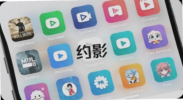 约影影视分类导航界面,手机屏幕中展示电影、电视剧、综艺、动漫等彩色分类图标整齐排列,背景为浅灰色磨砂玻璃质感,画面中央有约影文字标识,光线柔和均匀,突出资源聚合与分类清晰的视觉感受