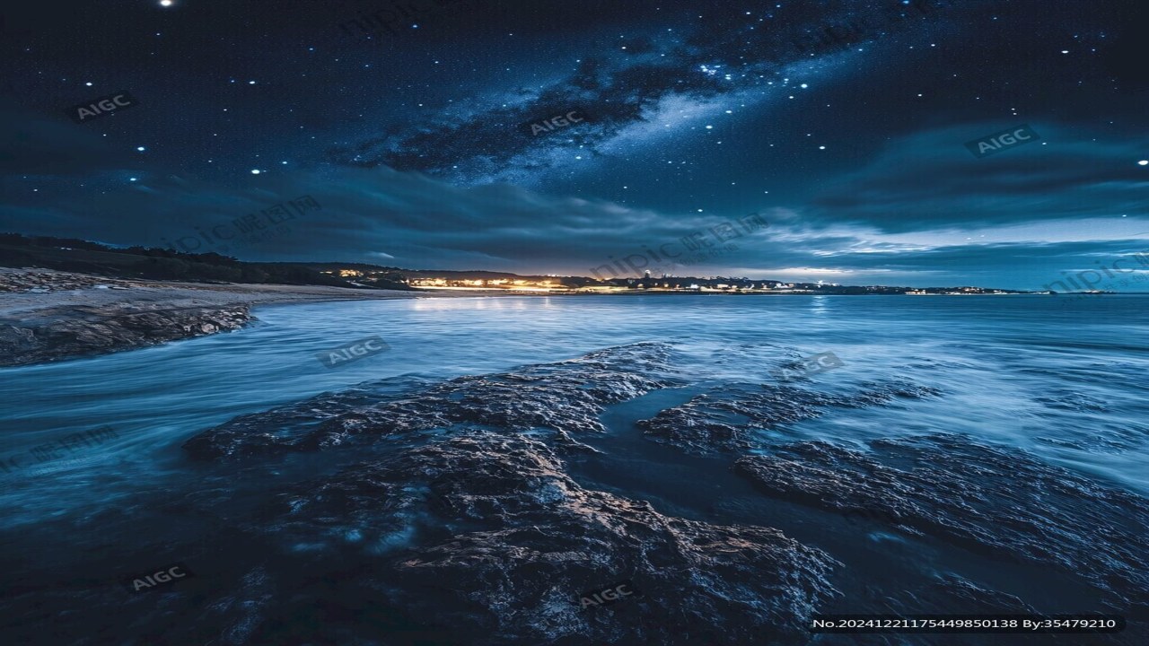 星辰入海夜景摄影作品深蓝海水反射星光