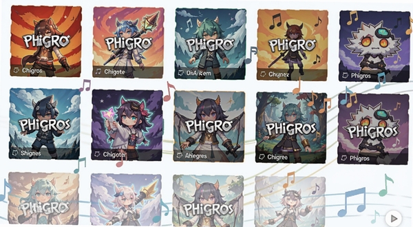 Phigros曲目选择界面截图风格插画,展示多个章节封面整齐排列,每张封面有不同配色与主题图案,界面简洁现代,背景有音符漂浮,整体色调清新明亮