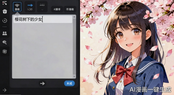 AI漫画一键生成软件界面截图风格,画面左侧是一个文字输入框,里面写着“樱花树下的少女”,右侧是一幅已经生成的日系漫画插图,画面中有粉色樱花飘落,少女穿着蓝色校服微笑,软件名称AI漫画一键生成以半透明水印形式出现在右下角,整体色调温暖柔和
