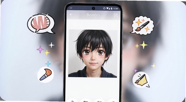 画面中央展示一部安卓手机,手机屏幕中呈现AI漫画一键生成软件的界面,界面内有一张真人照片正在被转化为日系漫画风格的人物头像,背景是柔和的蓝紫色渐变光晕,周围漂浮着漫画气泡、画笔图标和闪烁的星星元素,整体风格清新明快,适配Boogu模型生成