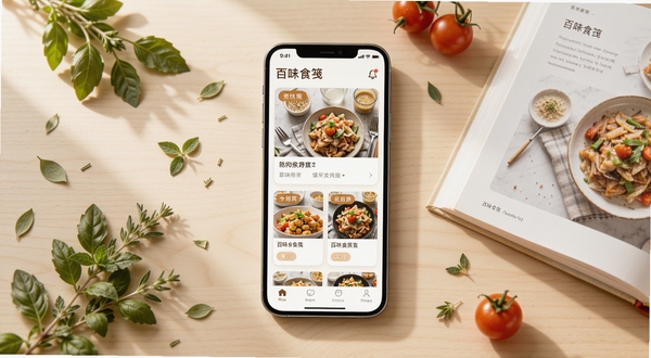 ��ζʳ��Ӧ��������ȫ��չʾ����������Ϊ�ֻ���Ļ����ͼ����Ļ�ڳ�����ʳ�ʼǿ�Ƭʽ������ůɫ����ǩ������Ϊǳľɫ������ɢ������Ҷ��С���Ѻ�һ��������ʳ�ף���������ܰ��������Ӱ����Ӱ�������Ȼ������Ͻ����䣬����ɾ�ͨ͸