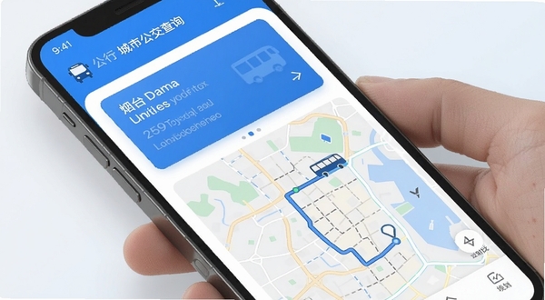 烟台出行 城市公交查询 手机应用界面 蓝色主色调 公交实时到站卡片 地图路线规划 清新扁平化风格 4K高清