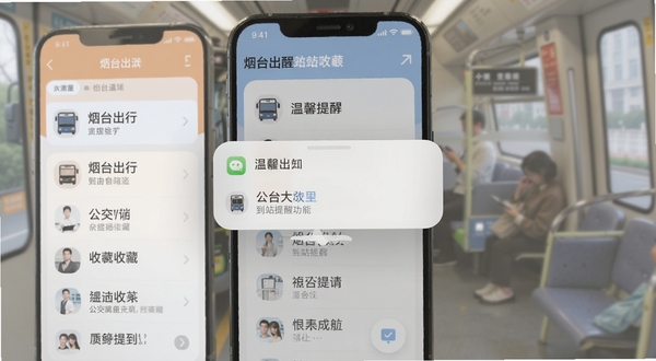 烟台出行 到站提醒功能 手机通知弹窗 公交站点收藏列表 温馨提醒界面 柔和配色