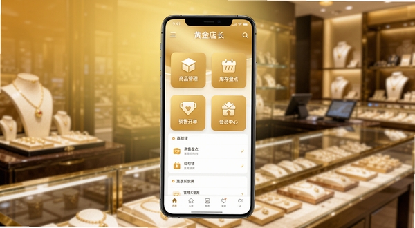 黄金店长软件主界面全貌展示,画面中央是一部竖屏安卓手机,手机屏幕内呈现黄金店长应用首页,包含商品管理、库存盘点、销售开单、会员中心等功能入口图标,背景区域为暖金色渐变与珠宝柜台虚化场景,光线柔和明亮,整体风格简洁商务,适配Boogu模型生成