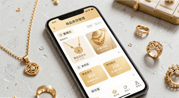 黄金店长商品库存管理界面,画面主体为手机屏幕特写,屏幕内展示黄金饰品列表与库存数量卡片,旁边点缀黄金项链、戒指等珠宝元素,背景为浅灰质感桌面,整体色调温暖干净,突出数字化管理氛围