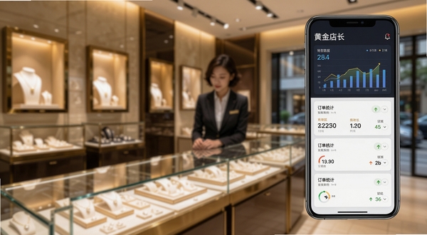 黄金店长经营数据看板展示,画面为手机屏幕内呈现销售数据图表与订单统计卡片,背景区域为现代珠宝门店柜台与暖色灯光,整体风格商务简洁,突出数据可视化效果