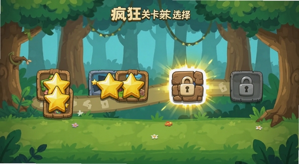 ���׽�ؿ�ѡ����棬������ʾ����ؿ�ͼ�����г�·������ͨ�ص���ʾ��ɫ���ǣ���ǰ�ؿ�������˸��δ��������ʾ��ɫ��ͼ�꣬����Ϊ��ͨ����ɭ�ֳ���