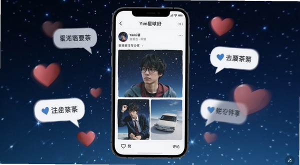 Yami星球动态分享页面,手机屏幕显示用户发布的图文动态,下方有点赞评论图标,周围漂浮着爱心和聊天气泡,背景为深蓝色星空,用于动态功能展示