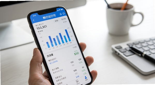 畅行出行司机端应用内收入统计页面特写,手机屏幕显示柱状图与流水明细,背景为简洁的办公桌面,光线柔和,突出数据可视化与财务管理功能
