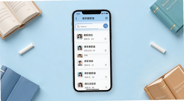 得手教职端 软件主界面全貌展示,画面中央为手机屏幕,屏幕内呈现教职岗位列表与搜索栏,背景区域为淡蓝色渐变,四周点缀书本与粉笔元素,整体风格清新简洁,适配Boogu模型生成