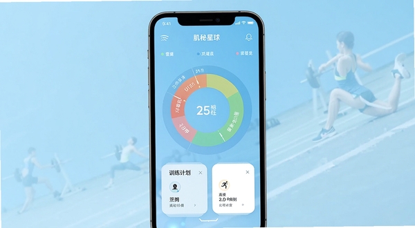 肌秘星球 应用主界面展示 手机屏幕中央呈现营养数据环形图与训练计划卡片 背景为浅蓝色渐变运动风格 整体视觉清新简洁