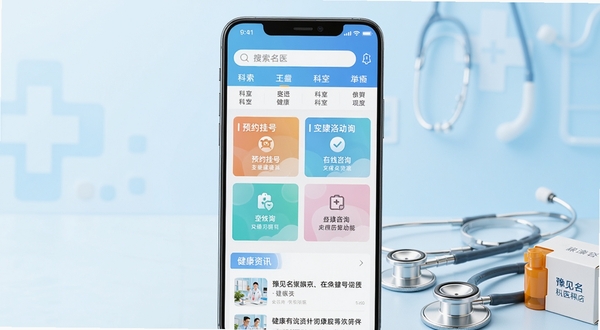 豫见名医手机应用主界面展示,画面中央是一部竖屏智能手机,屏幕内呈现健康服务类App首页,顶部为搜索栏与科室导航,中部为预约挂号和在线咨询功能卡片,底部为健康资讯列表,背景为浅蓝渐变医疗风格,画面右下角放置听诊器与药盒作为点缀,整体色调干净明亮,适合安卓应用商店截图风格