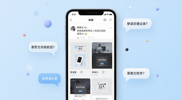 易推文软件主界面展示,画面中央为手机屏幕,屏幕内呈现简洁的推文编辑界面与模板列表,背景为柔和的浅蓝色渐变,周围点缀少量几何图形与文字气泡,整体风格现代清爽,突出移动端内容创作工具的核心定位