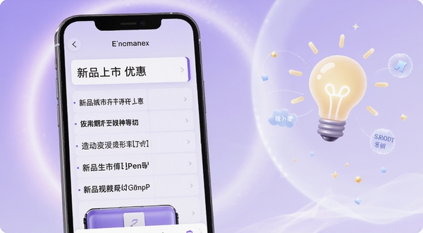 易推文智能文案生成功能界面,手机屏幕显示输入框内写着“新品上市 优惠”,下方自动生成多条不同风格的推广文案,画面右侧漂浮着代表灵感与创意的灯泡图标,背景为淡紫色与白色交织的柔和光晕,体现智能生成与便捷操作的特点