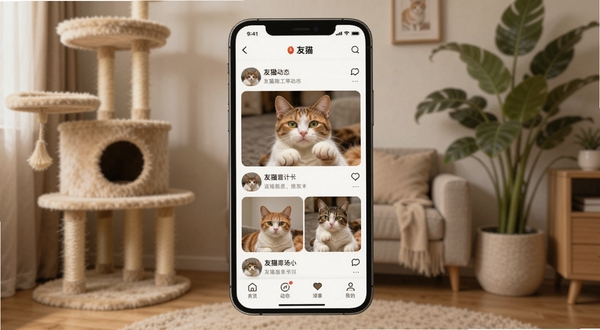 ��èӦ��������չʾ����������һ�������ֻ���Ļ������ʾ��èAPP��ҳè�䶯̬��Ϣ��������Ϊ��ܰ�ľӼҿ�����������è���ܺ���ֲ��׺������ɫ����ů��ͣ�ͻ�������罻��Χ������ϸ�ڣ�����Booguģ������