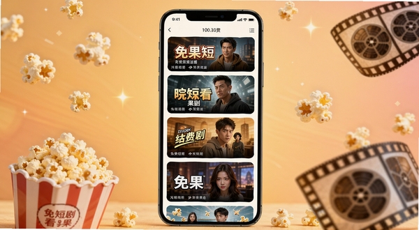 免费短剧看果果应用主界面展示,画面中央为手机屏幕显示短剧封面瀑布流,背景为柔和的暖色调渐变,周围点缀爆米花与电影胶片元素,整体风格轻松娱乐,突出免费追剧氛围