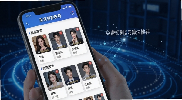 免费短剧看果果智能推荐页面,手机界面展示个性化推荐列表,包含“猜你喜欢”和“热播榜单”模块,背景为科技感蓝色光晕,突出算法推荐概念