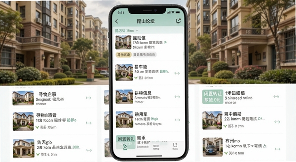 昆山论坛邻里互助板块手机界面,展示多条互助帖子列表,包含寻物启事、拼车信息、闲置转让等标签,界面配色清新淡雅,背景为昆山居民小区温馨场景