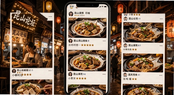 昆山论坛美食探店板块手机界面,展示多篇图文并茂的探店帖子,包含美食图片和用户评价,背景为昆山特色小吃街夜景,氛围温馨诱人