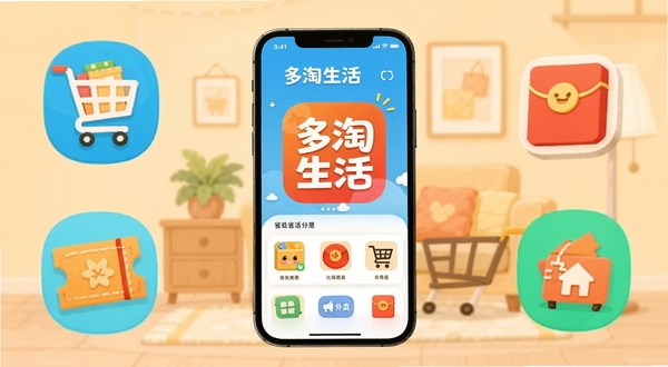 多淘生活APP主界面在手机屏幕中央展示,周围环绕购物车、红包、优惠券、外卖图标,背景为温馨的浅橙色渐变家居场景,扁平化卡通风格,明亮活泼,突出省钱生活主题