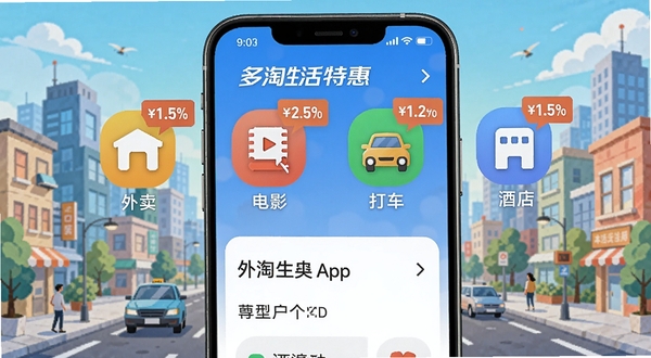多淘生活APP本地生活特惠页面,手机屏幕展示外卖、电影、打车、酒店图标与折扣标签,背景为城市街景插画,色彩明快,突出生活服务全覆盖